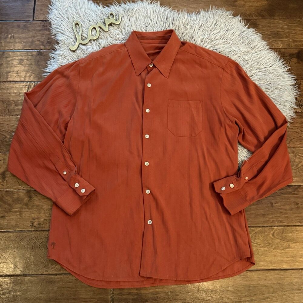 Tommy Bahama Mens Silk Shirt Size XL Burnt Orange Striped Detail Long Sleeves